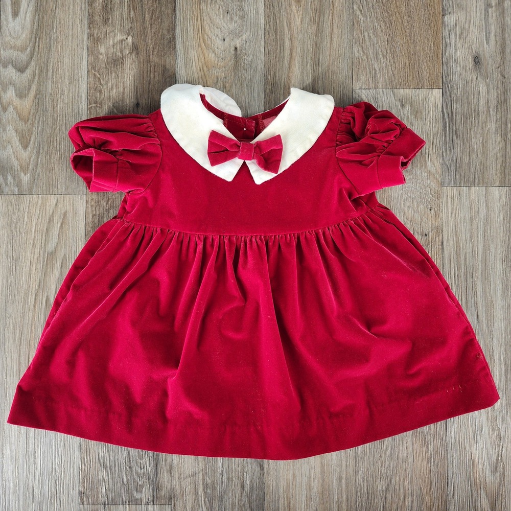 Vintage OshKosh Kids‎ Girls Red Velvet Peter Pan Collar Bow Dress Size 12 Months